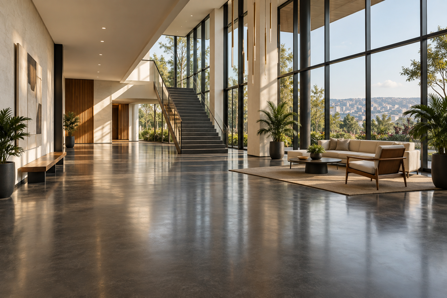 Design inspiration: a modern interior with a polished gray floor, glass walls and warm finishes
